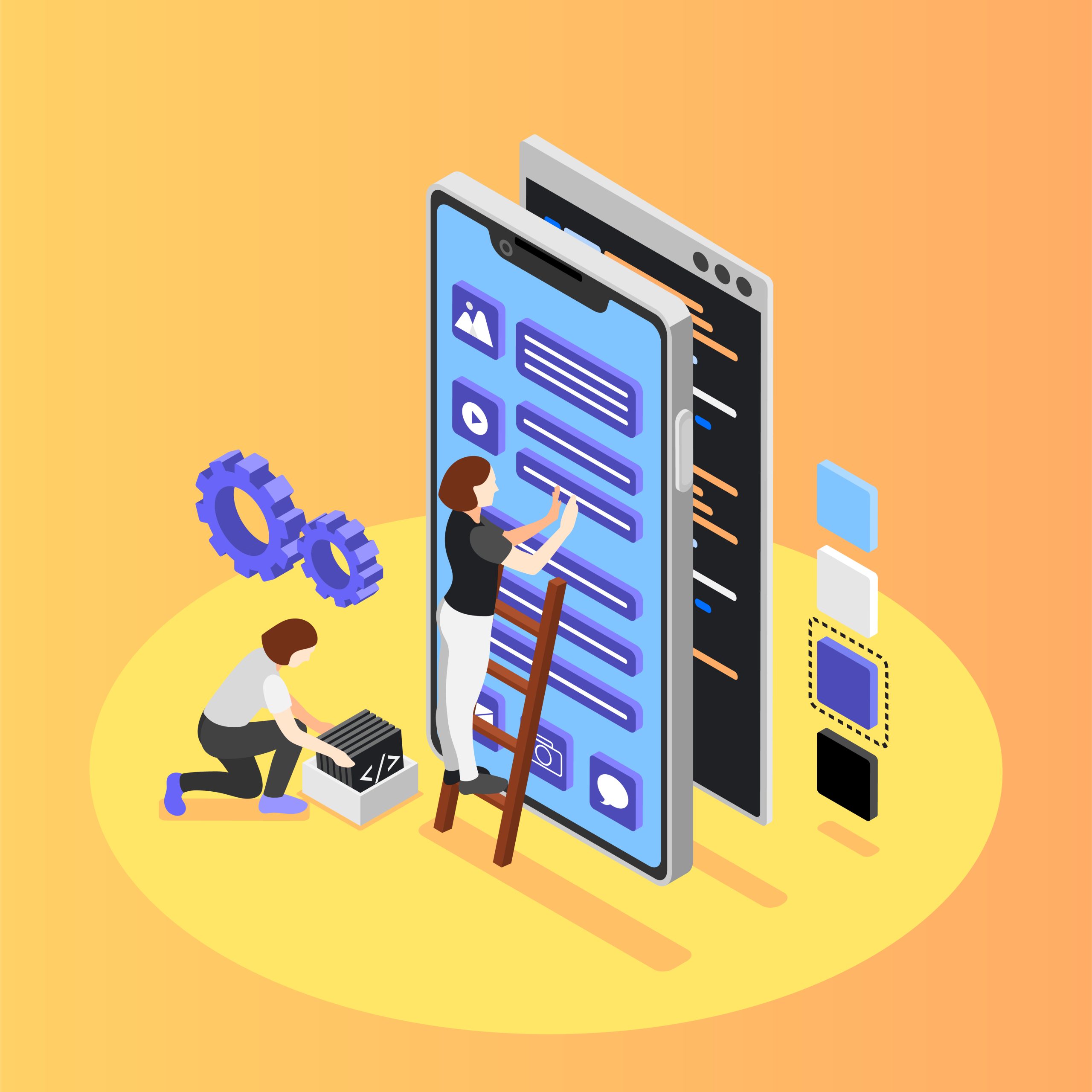 UI And UX Designers Isometric Background UI and UX designers isometric background with two young woman developing user interface of mobile phone application vector illustration